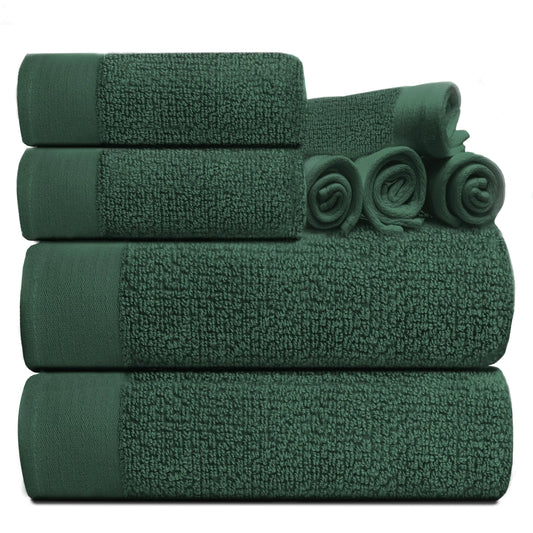 Tens Towels 8 Pack Popcorn Textured Luxury Towels Set 2 Large Bath Towels 2 Hand Towels 4 Washcloths 100% Cotton Plush Hotel Towels Super Absorbent Towels for Bathroom (Hunter Green)
